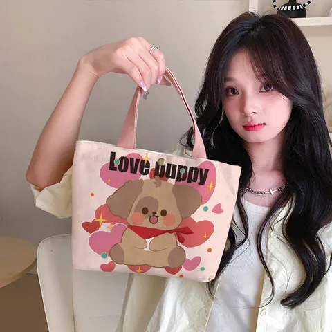 Cute Cartoon Canvas Handbag Fresh Sweet Printed Tote Bag Small Practical Storage Purse Snap Button Double Straps Top Handle Lunch Box Bag for Women Girls Casual Daily Commute