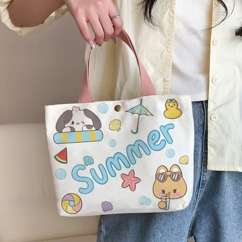 Cute Cartoon Canvas Handbag Fresh Sweet Printed Tote Bag Small Practical Storage Purse Snap Button Double Straps Top Handle Lunch Box Bag for Women Girls Casual Daily Commute