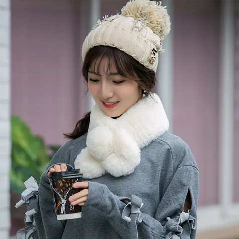 Women's Winter Faux Rabbit Fur Scarf Thick Plush Neck Warmer Cute Cross Over Neck Collar Soft Warm Muffler For Girls Students