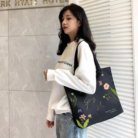 Women's Casual Oxford Cloth Tote Bag Printed Spring Flower Bird Shoulder Handbag Large Capacity Student School Bag Fashion Shopping Bag