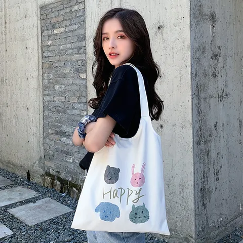 Borsa di Tela Donna Grande Capacità Stile Giapponese Borsa a Spalla con Stampa Cartoon per Studenti Scuola Quotidiana