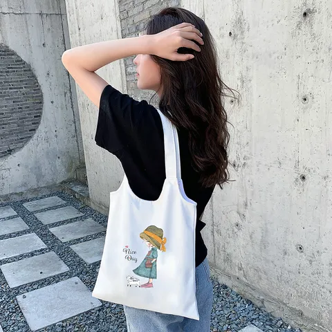 Borsa di Tela Donna Grande Capacità Stile Giapponese Borsa a Spalla con Stampa Cartoon per Studenti Scuola Quotidiana