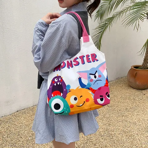 Original Cartoon Monster Printed Canvas Tote Bag Large Capacity Vest Shoulder Bag For Women Students Casual Commuter Shopping Bag