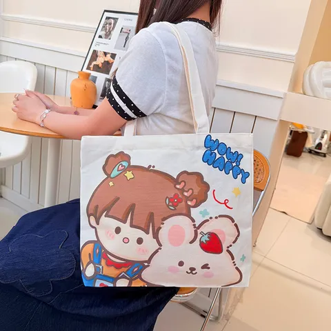 Niedliche Cartoon Segeltuch Einkaufstasche Große Kapazität Bedruckte Schultertasche Lässige Handtasche Schultasche Für Studenten Unisex