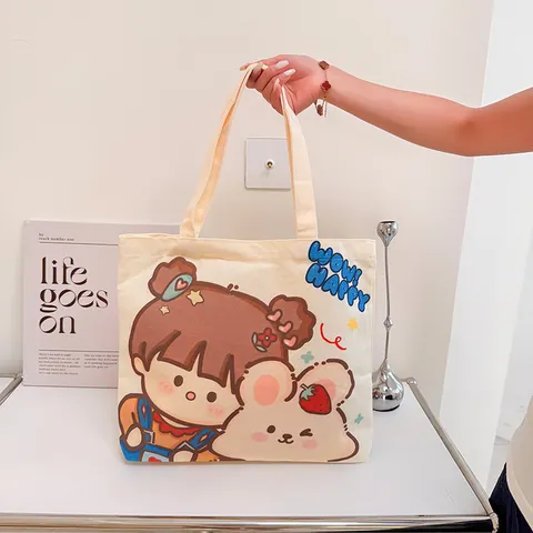 Niedliche Cartoon Segeltuch Einkaufstasche Große Kapazität Bedruckte Schultertasche Lässige Handtasche Schultasche Für Studenten Unisex