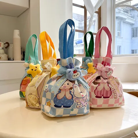 Bolso de Mano de Lona de Dibujos Animados Para Niños Regalo de Cumpleaños Bolsa de Regalo Pequeño Bolso de Mano Para Mujeres Viajes Estampado de Lona Bolsa de Regalo Con Peluche