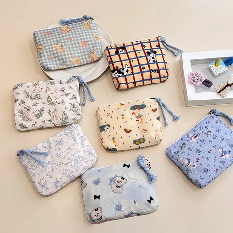 Cute Cartoon Print Cotton Coin Purse Fabric Storage Pouch With Zipper Lanyard For Lipstick Earphone Small Items Organization