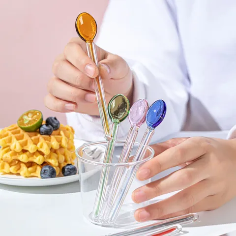 Koreaanse Stijl Hittebestendige Glazen Roerlepel Leuke Kleurrijke Snoep Melk Koffie Dessert Lepel