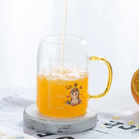 Tasse en Verre de Lait pour Enfants avec Poignée Graduée Verre Borosilicaté Résistant à la Chaleur Tasse à Boire de Dessin Animé pour le Petit Déjeuner