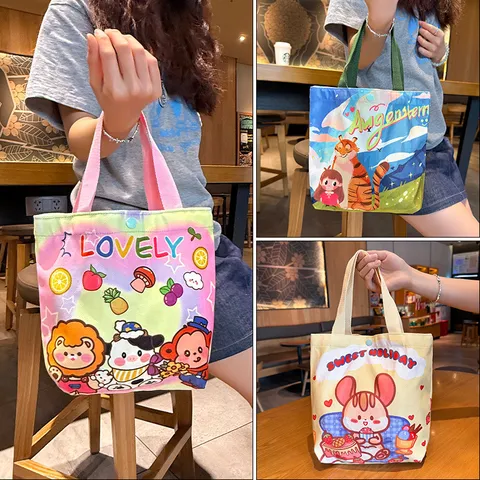 Cute Cartoon Handbag Velvet Fabric Sweet Illustrated Pattern Snap Closure Daily Tote Small Square Bag For Women