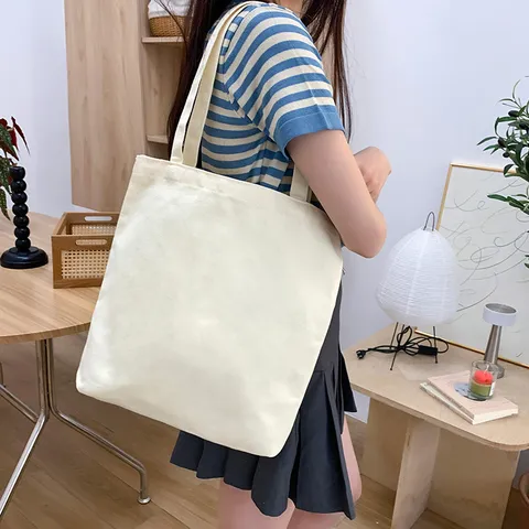 Large Capacity Canvas Tote Bag Minimalist DIY Blank Shoulder Bag For Women Durable Cream White Commuter Shopping Bag