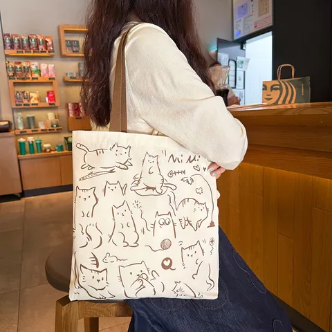 Cute Cartoon Canvas Tote Bag Large Capacity Shoulder Bag Eco Friendly Grocery Bag For Students Women Work School Daily Use