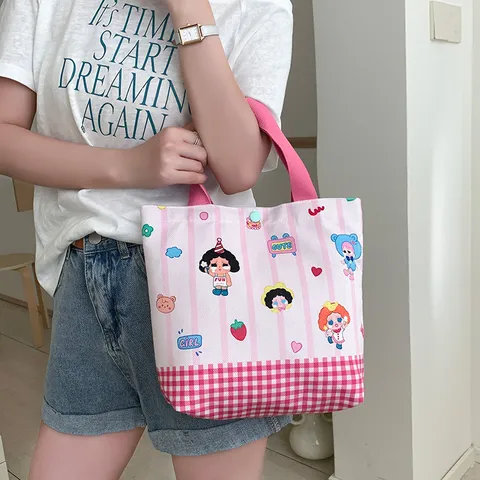 Cute Cartoon Flannel Handbag Large Capacity Striped Tote Bag Fashionable Lunch Bag Portable Commuting Bag For Women
