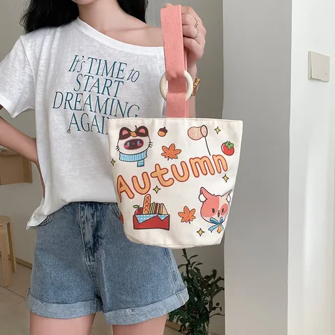 Women Canvas Handbag Cartoon Printed Small Bucket Bag Commuter Tote Bag With Wooden Ring Handle Casual Grocery Storage Bag