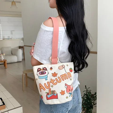 Women Canvas Handbag Cartoon Printed Small Bucket Bag Commuter Tote Bag With Wooden Ring Handle Casual Grocery Storage Bag