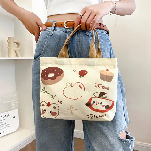 Schattige Japanse Cartoon Canvastas Bedrukt Dier Beer Zonnebloem Patroon Schoudertas Handtas Dagelijkse Lunch Bento Zakje Cadeau Voor Vrouwen