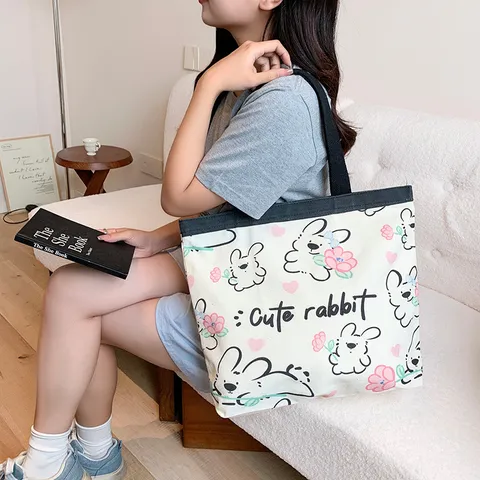 Women Cute Cartoon Printed Canvas Tote Bag Large Capacity Zipper Shoulder Bag For Daily Commuting And Student School Handbag