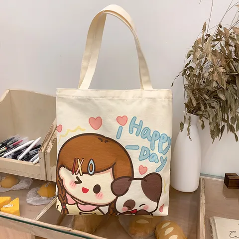 Women Cute Cartoon Print Canvas Tote Bag Large Capacity Reusable Shopping Shoulder Bag Eco Friendly Fashion Handbag For Daily