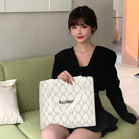 Large Capacity Canvas Tote Bag Geometric Leopard Print Shoulder Bag For University Students Daily School Work Handbag