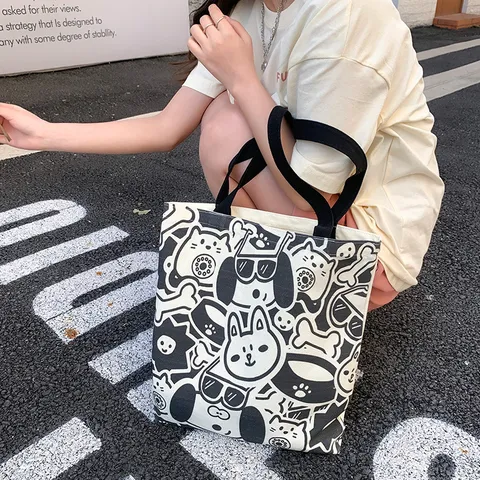 Original Niche Design Canvas Tote Bag for Women ins Style Large Capacity Cartoon Printed Shoulder Bag Student Shopping Tutoring Handbag