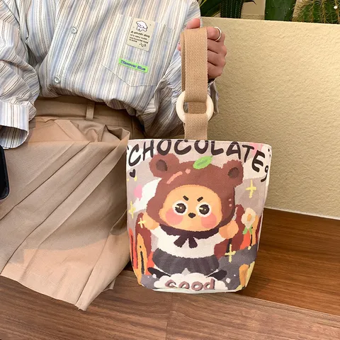 Fashion Canvas Bucket Bag Women Small Printed Cartoon Handbag With Wooden Ring Handle Casual Travel Tote Bag