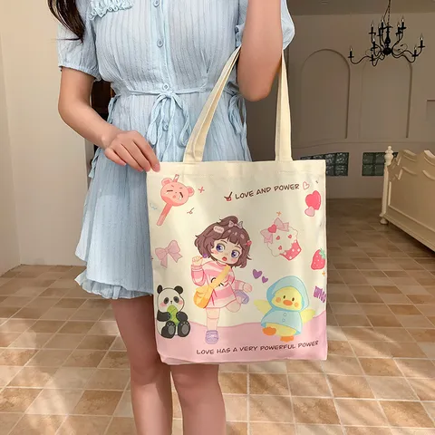 Original Niche Design Canvas Tote Bag for Women ins Style Large Capacity Cartoon Printed Shoulder Bag Student Shopping Tutoring Handbag