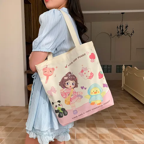 Große Kapazität Leinwand Einkaufstasche Damen Süßer Cartoon Druck Schultertasche Lässige Handtasche Student Lehrbuch Tasche