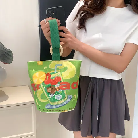 Fashion Canvas Bucket Bag Women Small Printed Cartoon Handbag With Wooden Ring Handle Casual Travel Tote Bag