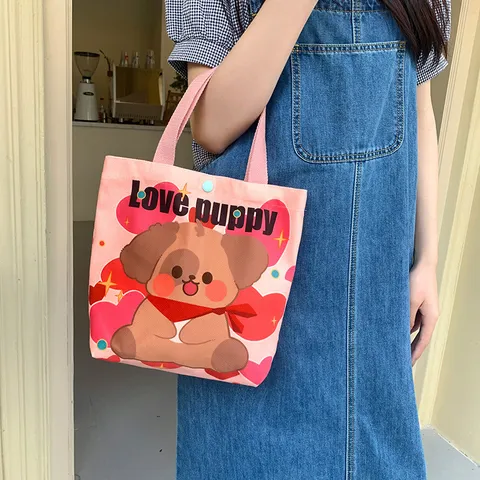 Cute Cartoon Bear Pattern Handheld Bento Bag Polyester Portable Canvas Tote Bag For Women Daily Casual Small Square Purse