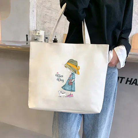 Women Oxford Cloth Tote Bag Cartoon Girl Printed Large Capacity Shoulder Bag Trendy Student Shopping Handbag Casual Daily