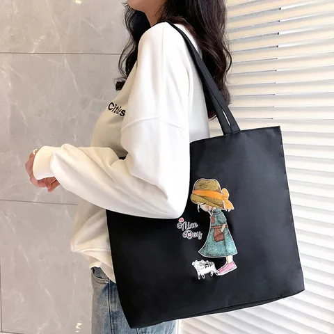 Women Oxford Cloth Tote Bag Cartoon Girl Printed Large Capacity Shoulder Bag Trendy Student Shopping Handbag Casual Daily