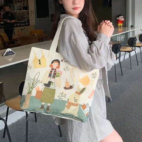 Original Illustration Women Canvas Tote Bag Large Capacity Zipper Shoulder Bag Artistic Cartoon Print Summer Fashion Handbag