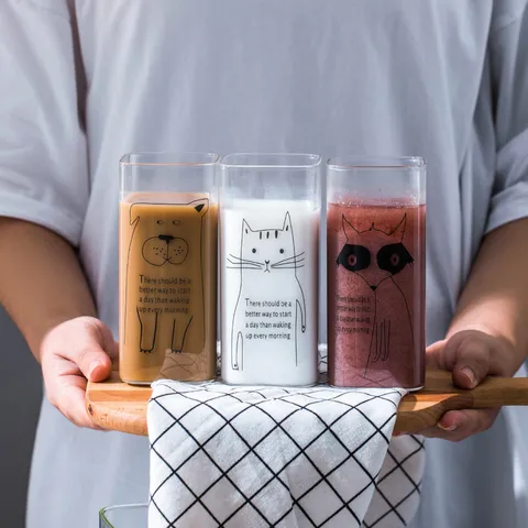 Creatieve Borosilicaatglas Beker Transparant Vierkant Melk Beker Schattig Dierenpatroon Hittebestendig Drinkgerei