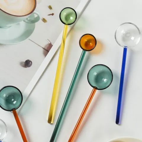 Cuillère à Mélanger le Café en Verre Transparent Créatif Joli Long Manche Cuillère à Dessert au Lait Résistante à la Chaleur