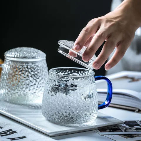 Japans Gehamerd Glazen Kopje Met Handvat En Deksel Heldair Borosilicaatglas Hittebestendige Drinkmok Voor Thuis Kantoor Keuken