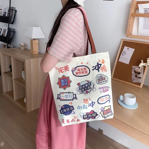 Große Kapazität Segeltuch Tragetasche Für Damen Studentinnen Schultasche Minimalistisch Bedruckte Schultertasche Literarische Segeltuch Handtasche