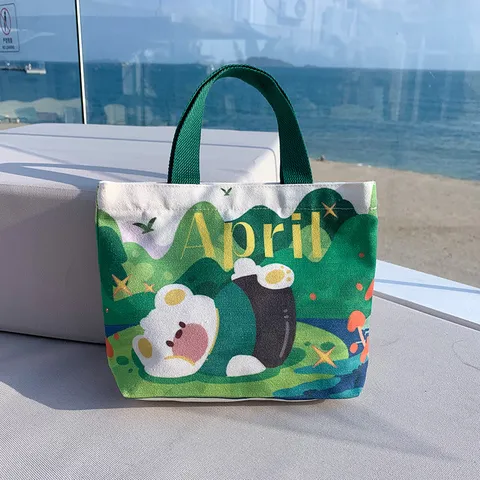 Cute Cartoon Canvas Tote Bag Mini Handbag Casual Commuter Zipper Closure Fresh Sweet Small Square Fabric Gift For Women