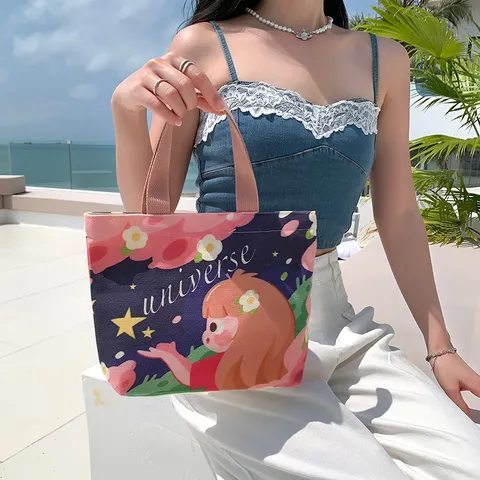 Cute Cartoon Canvas Tote Bag Mini Handbag Casual Commuter Zipper Closure Fresh Sweet Small Square Fabric Gift For Women