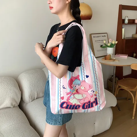 Cute Cartoon Animal Print Suede Tote Bag Fresh Sweet Plaid Striped Pattern Large Capacity Shoulder Bag Casual Eco Shopper For Women Daily Handbag