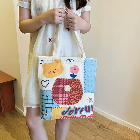 Cartoon Canvas Tote Bag Large Capacity Printed Shoulder Bag For Women Student Casual Shopping Handbag