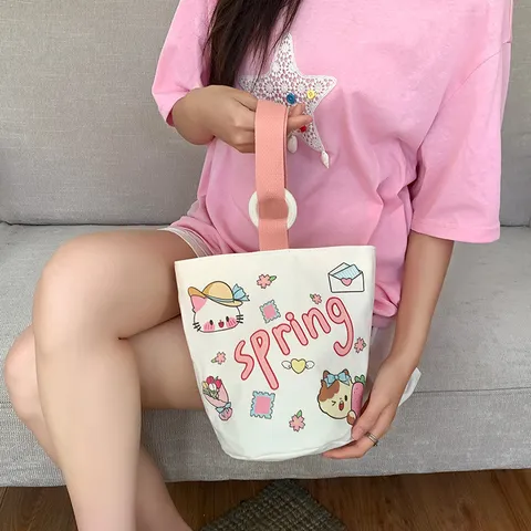 Simpatica Borsa a Mano in Canvas da Cartone Animato Borsa a Secchiello con Stampa Carina Borsa a Spesa Casual Quotidiana Portatile Donna