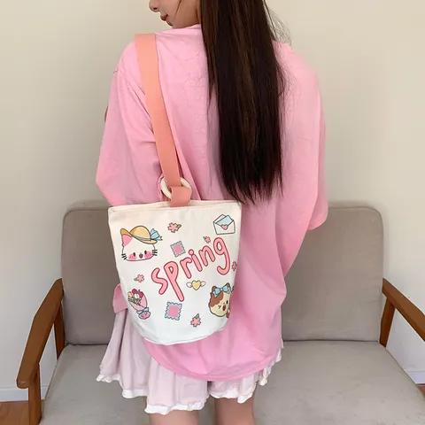 Simpatica Borsa a Mano in Canvas da Cartone Animato Borsa a Secchiello con Stampa Carina Borsa a Spesa Casual Quotidiana Portatile Donna