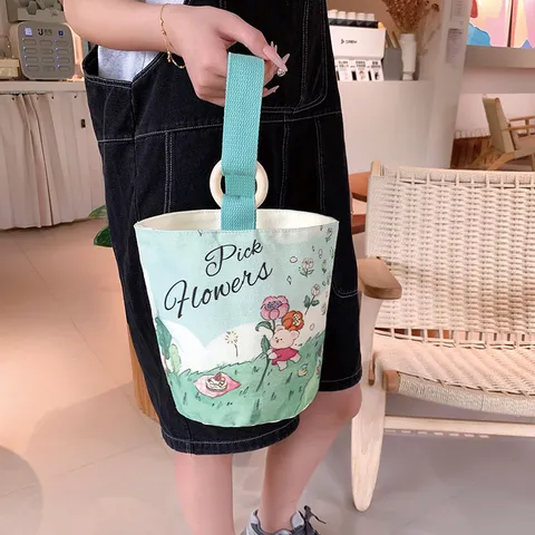 Women Minimalist Canvas Bucket Bag Cute Cartoon Animal Floral Printed Handbag Large Capacity Commuter Tote With Wooden Ring Handle