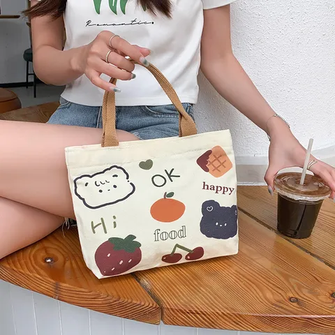 Original Cartoon Canvas Handbag For Women Casual Zipper Tote Bag Cute Bear Print Top Handle Small Square Purse For Commuting Daily Life