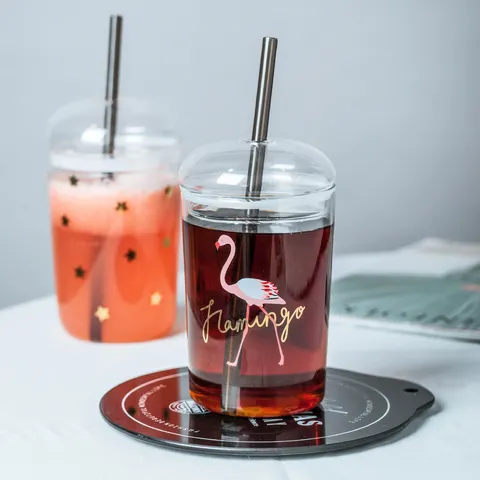 Creatieve Borosilicaatglas Waterbeker Hittebestendige Sap Melk Thee Beker Met Deksel En Stro Thuis Drinkgerei