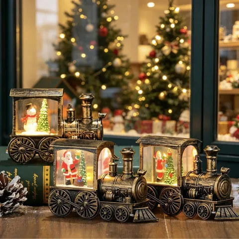 Gold Gebürstet Weihnachts Zug Deko Beleuchtetes Wasser Weihnachtsmann Schneemann LED Nachtlicht Home Ornament Geschenk