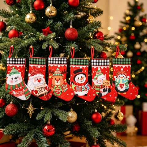 Calcetín de Navidad Grande Bolsa de Regalo Navideña a Cuadros con Lindos Personajes de Dibujos Animados de Vacaciones Decoración Colgante para Chimenea