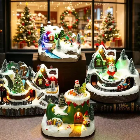Noël Rotatif Résine Boîte à Musique LED Éclairé Village de Neige Figurine Bureau Ornement Cadeau de Vacances Décor
