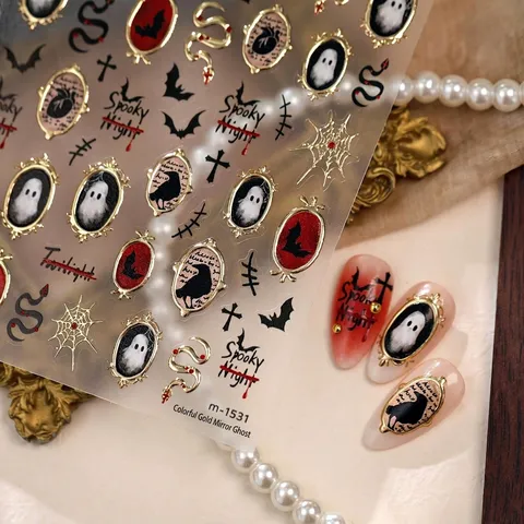 Adesivi per Nail Art Gotici Scuri di Halloween Rilievo 3D Fantasma Pipistrello Oro Argento Texture Metallo Decalcomanie