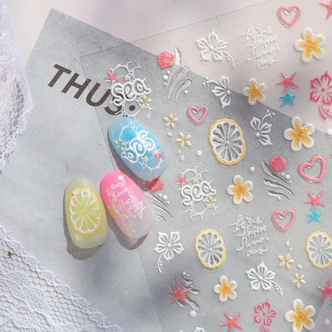 Adesivi per Unghie 3D Rilievo Stile Vacanza al Mare Limone Floreale Stella Marina Dolce Ragazza Effetto Gelatina Vetro Infranto Decalcomanie Manicure M-1456